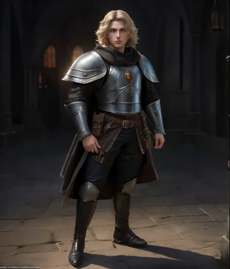 Renaissance style, UHD, perfect composition, ((Extremely realistic)) ((Extremely detailed)) ((anatomically correct)) full body portrait of a white cordial ((young man)) knight with wind-swept ((short sandy-blond hair)) and a (diamond shaped face) with (((g...