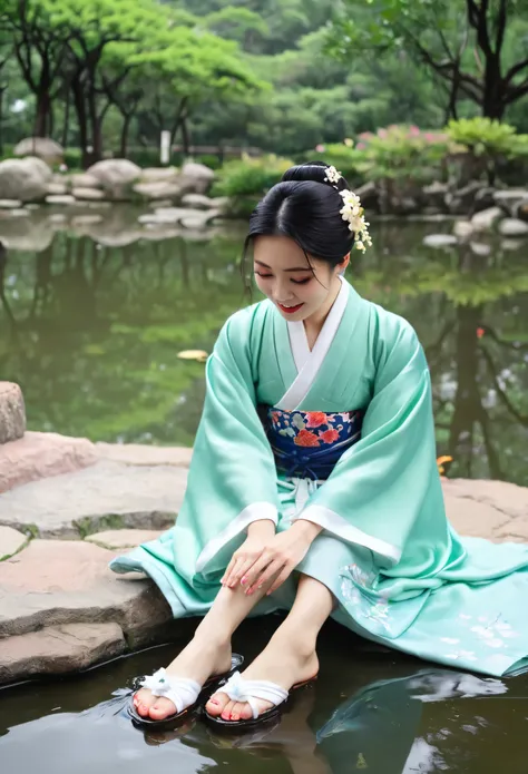 hanfu, 1 garota, seio grotescos, decote, montanha, soaking feet, sentado, Chinese park background,coxas brancas,clean water,(feet:1.3), muitas flores,  