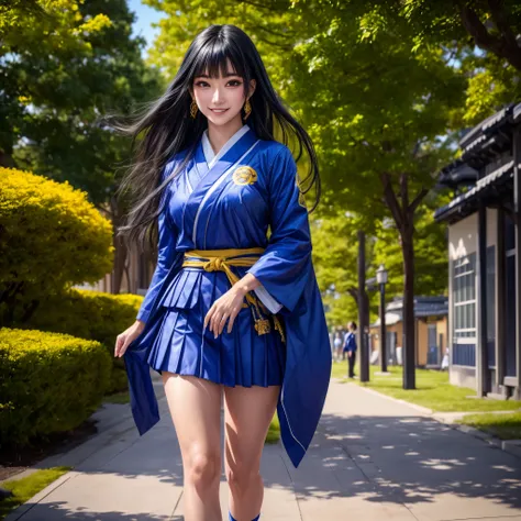 (best quality,4k,8k,highres,masterpiece:1.2),ultra-detailed, Japanese Goddess Amaterasu as a college student, Black hair, Blue academy uniform with yellow accents, walking around college campus, smiling at viewer, seducing viewer, HDR, 8k, absurdres, cines...