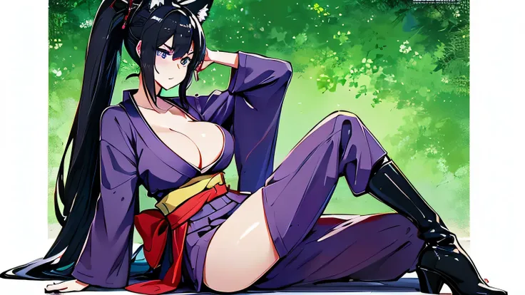 1 girl , alone ,Taisho Modern、、big cleavage、headphone , greenish black hair、ponytail、fox ears、blue eyes、sunglasses、Dark purple kimono、red hair ornament、light purple long hakama、black coat、leather boots、headphones、sunglasses、sexy、charm、Wet、face turns red、fa...