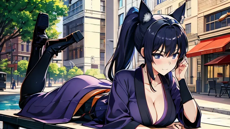 1 girl , alone ,Taisho Modern、、big cleavage、headphone , greenish black hair、ponytail、fox ears、blue eyes、sunglasses、Dark purple kimono、red hair ornament、light purple long hakama、black coat、leather boots、首に装着するheadphone、sunglasses、sexy、charm、Wet、face turns r...