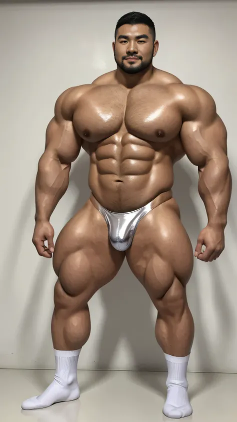 a chinese bodybuilder，30 years old，Tall and handsome, Toned body，short hair, O-shaped beard，Perfect body, Dark and shiny complexion，smooth skin，The body is hairless，Muscle bulge, muscular, Very big pecs，Very sexy abs，Leg muscles are very developed，Huge bum...