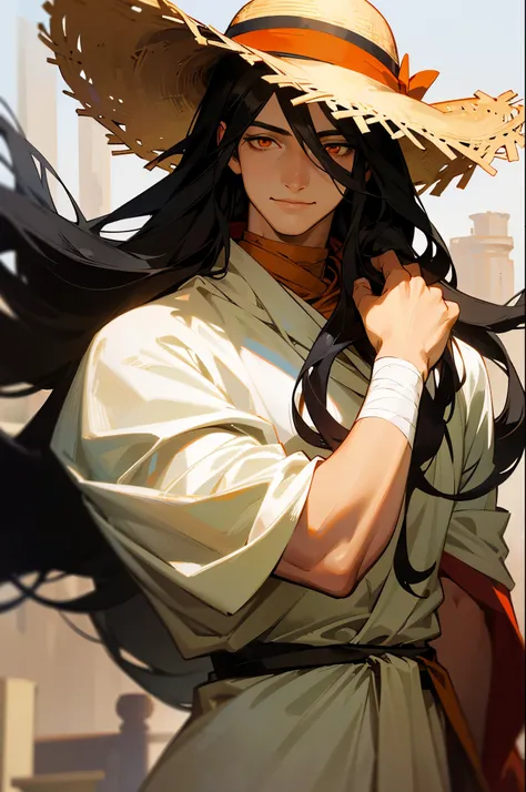 tmasterpiece，Need，Antique beautiful man，flowing long black hair，A white shirt，Orange eyes，A bandage is wrapped around the neck，Wear a straw hat，Look at the audience with a smile，oil painted，realistic，A high resolution，super-fine
