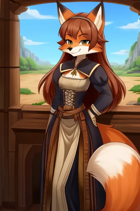 Best quality, Super detailed illustration, (fox girl:1.4), High, stately, disheveled thick hair, bandit clothing in the Middle Ages, smug smile, half-closed eyes ,small waist, wide hips, slim, perfect body, style &quot;DND&quot;