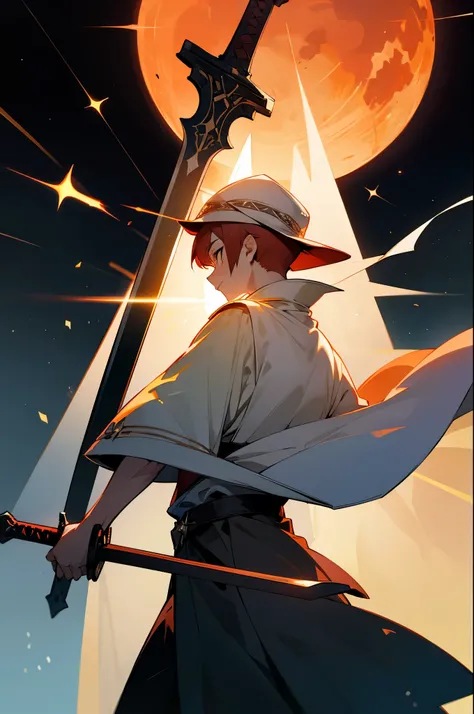 Boy student，redheadwear，Back shadow，Carry a greatsword，with black background，White tunic，setting sun，Giant wood，Brighter，Brilliant starlight
