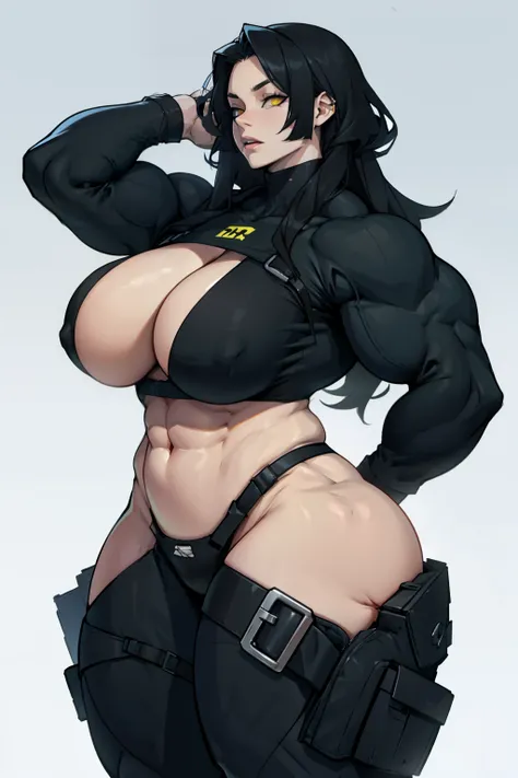 large breasts pale skin long hair black hair yellow eyes thick muscular huge breasts