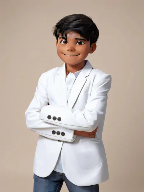 5 years old boy with black straight hair wearing a jeans and white suit jacket no tie is smiling for the camera showing his dimples cheeks, posing confidently with his arms crossed. The background is black, which adds to the focus on the subject.