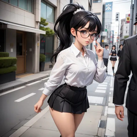 Girl, very light skin, black hair, ponytail, bangs, glasses, student uniform, mini skirt, high socks, small breasts, thick thick legs, walking Tokyo street