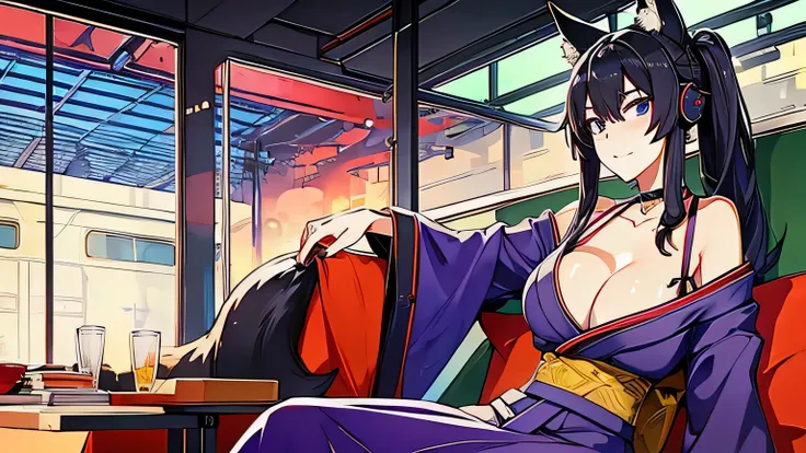 1 girl , alone ,Taisho Modern、big cleavage、headphone , greenish black hair、ponytail、fox ears、blue eyes、sunglasses、Dark purple kimono、red hair ornament、light purple long hakama、Shoulder decoration、leather boots、 headphones around the neck、sunglasses、flashy ...