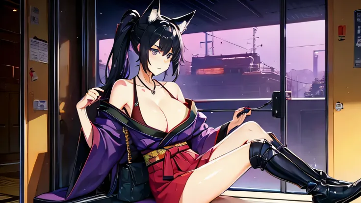 1 girl , alone ,Taisho Modern、big cleavage、headphone , greenish black hair、ponytail、fox ears、blue eyes、sunglasses、Dark purple kimono、red hair ornament、light purple long hakama、Shoulder decoration、leather boots、 headphones around the neck、sunglasses、flashy ...