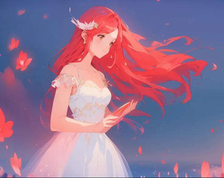 beautiful girl in puffy layered white ballgown, puffy layered white tutu skirt, long flowing red hair, colorful fantasia background, watercolor illustration, glowing aura around her, glowing flowing hair, fantasia otherworldly landscape, beautiful, masterp...