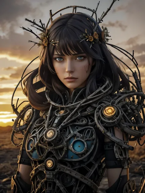 In the desolate lands of Yule Heaven, a gorgeous botanical cyborg stands amidst dried and withered nature. Her biomechanical automata body, a blend of android and bokah diadem technology, is damaged and weathered, with cracked glass and scratched screens a...