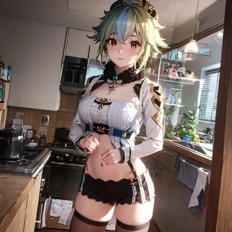 chica anime con falda corta posando en la cocina., chica anime seductora, kantai collection style, chica anime atractiva, render...