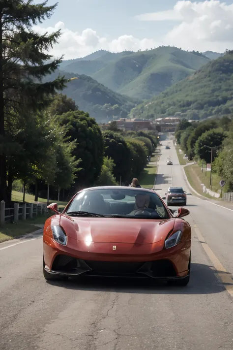 We see a stunning scenery of a winding, scenic road, cortando uma paisagem pitoresca de montanhas cobertas de neve ao fundo. The clear blue sky contrasts with the lush green of the trees that line the road..

No centro da imagem, a bright red Ferrari is fe...