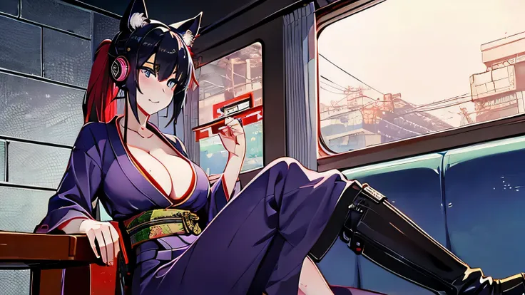 1 girl , alone ,Taisho Modern、big cleavage、headphone , greenish black hair、ponytail、fox ears、Brightly colored eyes、blue eyes、sunglasses、Dark purple kimono、red hair ornament、Light purple cherry blossom pattern long hakama、leather boots、 Pink haori、headphone...