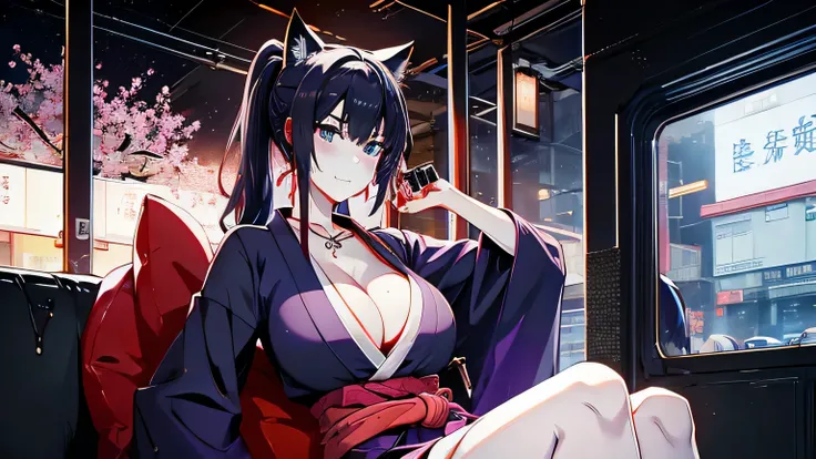 1 girl , alone ,Taisho Modern、big cleavage、headphone , greenish black hair、ponytail、fox ears、Brightly colored eyes、blue eyes、sunglasses、Dark purple kimono、red hair ornament、Light purple cherry blossom pattern long hakama、leather boots、headphones around the...