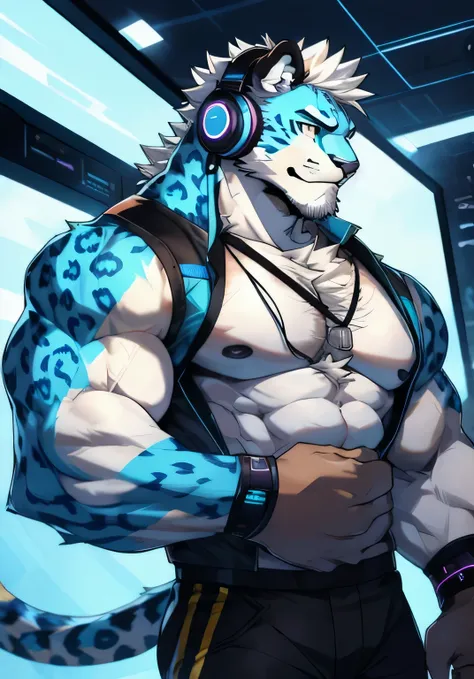 Blue Panther，white body, There are headphones, muscular! , Humanoid cheetah, hairy chest, Internet style, High resolution