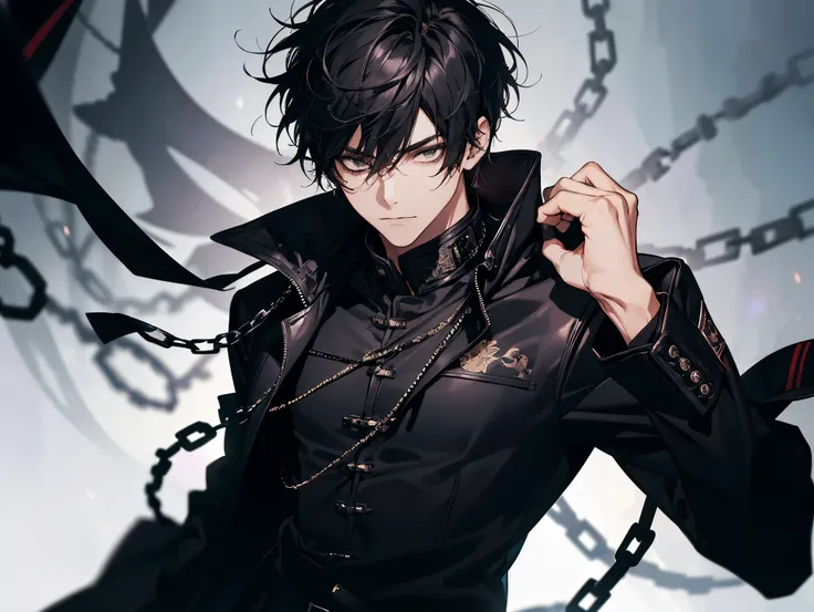 1 man, teacher, wearing a black leather jacket with chains, long black pants, black hair, short hair, face to detail, detailed eyes, black eyes, black crown floating over his head, in a fighting pose, the background is space beings in china