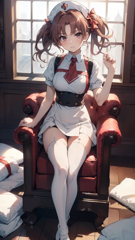 (highest quality, 8K, masterpiece, best image quality,  ultra hd, delicate and smooth skin, real looking skin, perfect and beautiful face ,perfect and cute face, high detail skin, perfect limbs、thin waist、thin legs)、nurse uniform、grumpy face、twin tails、bro...