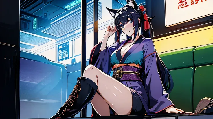 1 girl , alone ,Taisho Modern、big cleavage , greenish black hair、ponytail、fox ears、Brightly colored eyes、blue eyes、sunglasses、Dark purple kimono、red hair ornament、light purple long hakama、leather boots、Headphones around the neck、sunglasses、flashy necklace、...