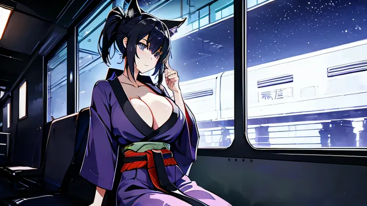 1 girl , alone ,Taisho Modern、big cleavage , greenish black hair、ponytail、fox ears、Brightly colored eyes、blue eyes、sunglasses、Dark purple kimono、red hair ornament、light purple long hakama、leather boots、Headphones around the neck、sunglasses、flashy necklace、...