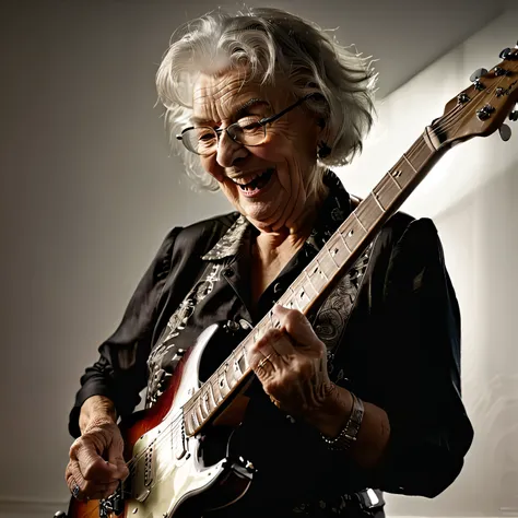 old lady playing electric guitar, evil smile, fundo branco, backlight, cinematic lighting, f/1.8, hasselblad, 35mm, de lado, ult...