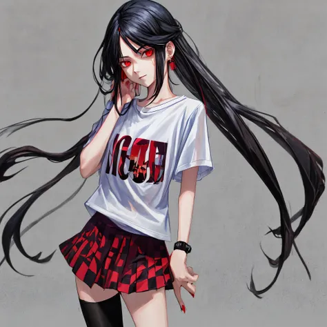 teenager with long straight black hair and vibrant red eyes, 1.65 tall, wearing a wine red skirt with transparent black tights and in her ear an earring on each side and wearing a blue t-shirt with a checkered print drawn in anime style