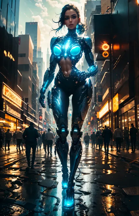 Female cyborg walking down the street in a crowd of people in the big city, defile show, high quality, best quality, absurdres, masterpiece, beautiful, intricate details, 1/2 body crop, slim body, beautiful figure, magnificent anatomy, (intricate details:1...