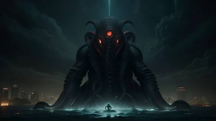 a large squid monster with a sword in front of a city, concept art inspired by lovecraft, Artstation contest winner, unilalianism, photo of cthulhu, gigantic cthulhu, cthulhu rising from the ocean, giant cthulhu, dan mumford tom bagshaw, ancient eldritch h...