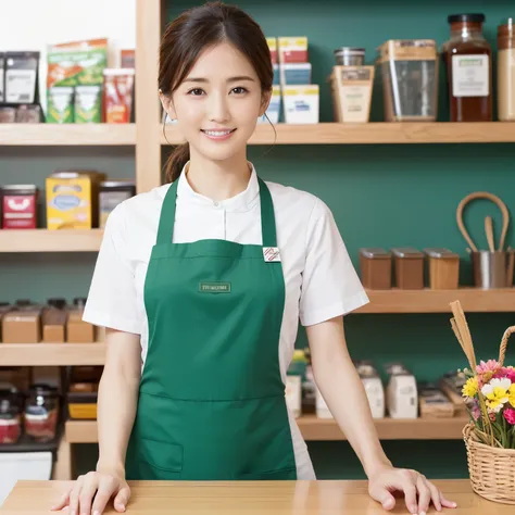 (highest quality、table top、8k、best image quality、award-winning work)、a woman working at a convenience store、(the most natural an...