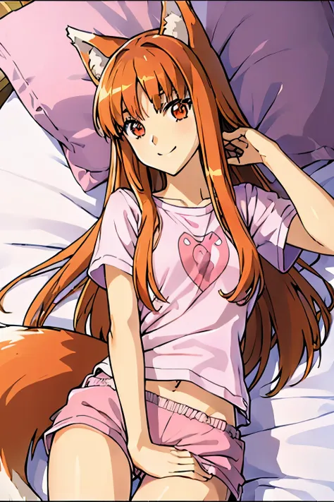 high resolution、highest quality、1 girl、holo、horo、korbo、smile、long hair、white skin、bright light brown hair、(wolf ears、bushy tail、...