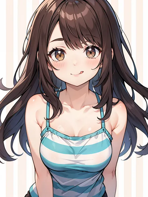 rating:safe, 1girl, tongue, long_hair, tongue_out, striped_background, solo, brown_hair, brown_eyes, striped, vertical_stripes, collarbone, blush, bangs, eyebrows_visible_through_hair, looking_at_viewer, bare_shoulders, :p, diagonal_stripes, closed_mouth, ...