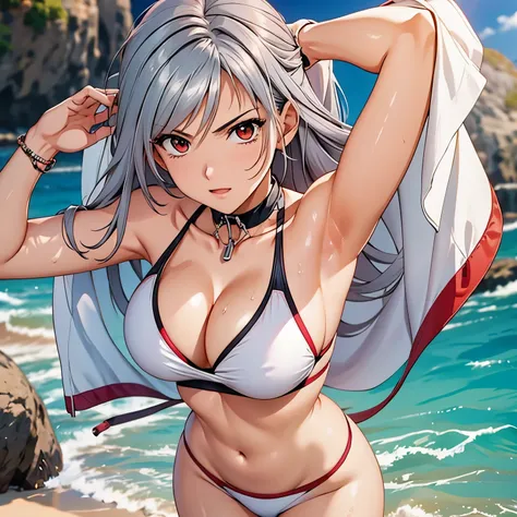 beautiful girl 26 years old silver hair. ojos rojos detallados. sonrisa confiada, rubor, pechos grandes. bikini rojo sangre. angry expression, festa caminando por un playa soleada. cuerpo mojado.. reflejo en el agua . pechos grandes. alta calidad. imagen d...