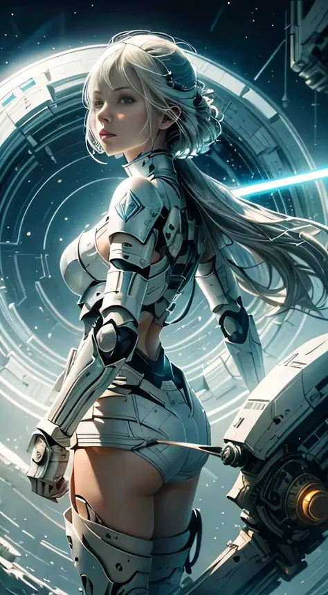 Amazing and clean character image with all-white futuristic armor（clan，marbled），With a lightsaber（with light glowing）expose arms、bshoulders、upper legs、nabel，Clean white background with sci-fi circle