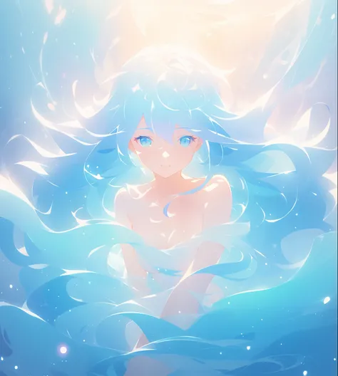 beautiful nude girl surrounded and covered by liquid light, long wavy blue hair, watercolor illustration, Glen Keane, Lois van Baarle, glowing flowing hair, beautiful digital illustration, beautiful, masterpiece, best quality, anime disney style