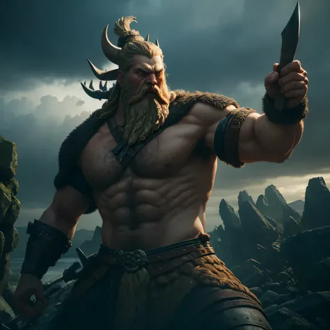 A realistic Norse statue of a towering, bearded Viking with deep-set, dark eyes and prominent scarring,Showcasing his fierce rage and fury in the heat of battle, ultra-detailed and hyper-realistic rendering, set against a moody, muted backdrop, with sharp ...