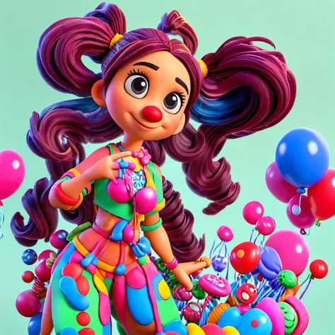 clown girl, curly hair, balloons, birthday, pigtails, colorful background