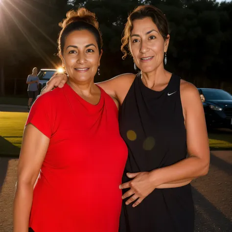 there are two women standing together in a parking lot, night time, at dusk!, malika favre, nighttime!, karla ortiz, at sunset, sunset!, camaraderie, pilar, late evening, photo taken at night, two women, sun down, sun setting, summer evening, evening sunli...