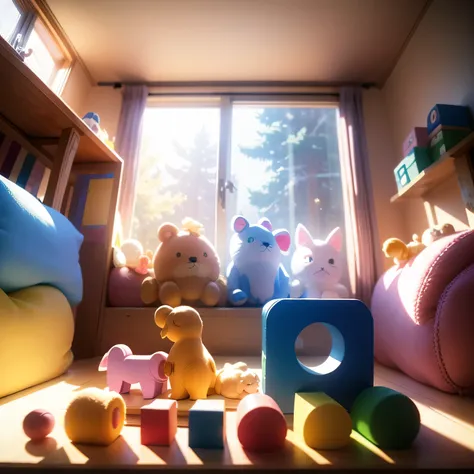 a children wooden puzzle toy in a children's room full of toys all over, light from a window, the puzzle partially completed wit...