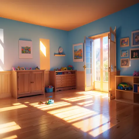 a bright children's room filled with toys and a wooden puzzle toy on the floor, next to photographs of various scenes and object...