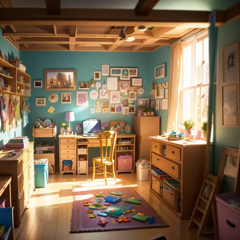 a cluttered children's room illuminated by soft, natural light from a large window, a wooden puzzle amidst a colorful chaos, sur...