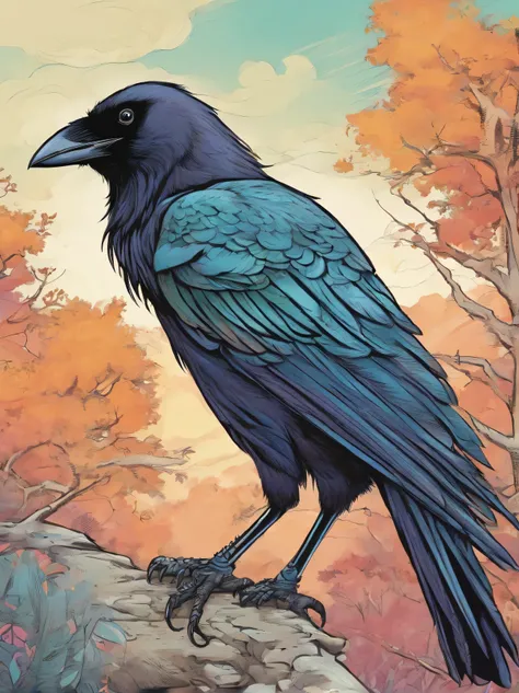 Majestic crow, very detailed, pastel colors, only one bird, side angle, decorative background 