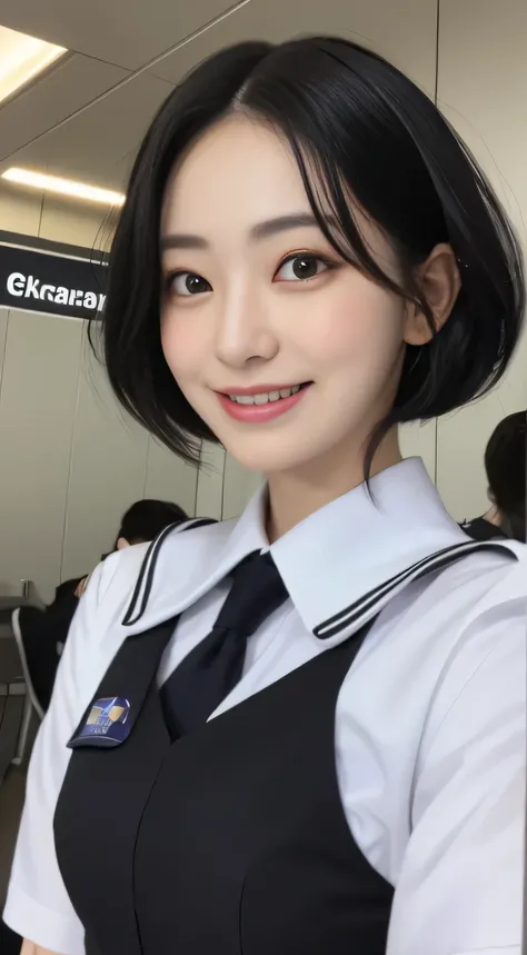 ((highest quality、8K、masterpiece:1.3))、sharp:1.2、perfect body beauty:1.4、slim abs:1.2、big、((stewardess uniform:1.3))、(airport、plane:1.2)、beautiful face、straight hair、Highly detailed face and skin texture、detailed eye、look at the camera、laughter、black hair、...