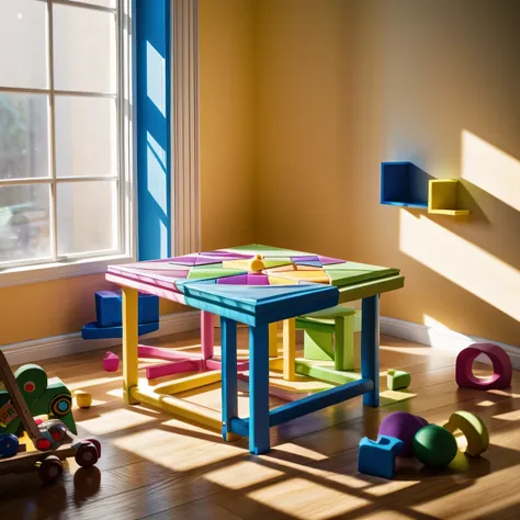 a colorful children's puzzle on a wooden table in the middle of a room filled with toys, light from a nearby window illuminates ...