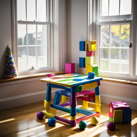 a colorful children's puzzle on a wooden table in the middle of a room filled with toys, light from a nearby window illuminates ...