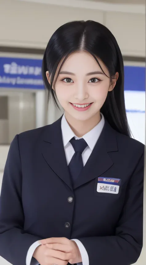 ((highest quality、8K、masterpiece:1.3))、sharp:1.2、perfect body beauty:1.4、slim abs:1.2、big、((stewardess uniform:1.3))、(airport、plane:1.2)、beautiful face、straight hair、Highly detailed face and skin texture、detailed eye、look at the camera、laughter、neat、dark e...