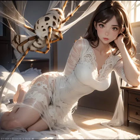 1girl,spider weaving a net on the girl,réalism:1.2,ultra-detailed,bedroom setting,stretched pose,struggling in the net,brown hai...