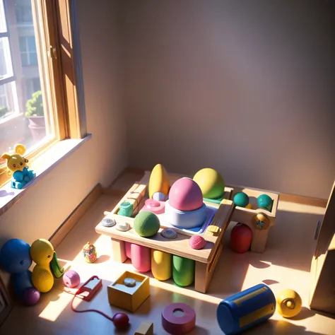 a lively children's room with a puzzle laid out on a table, surrounded by a chaos of toys, the morning light from the window hig...