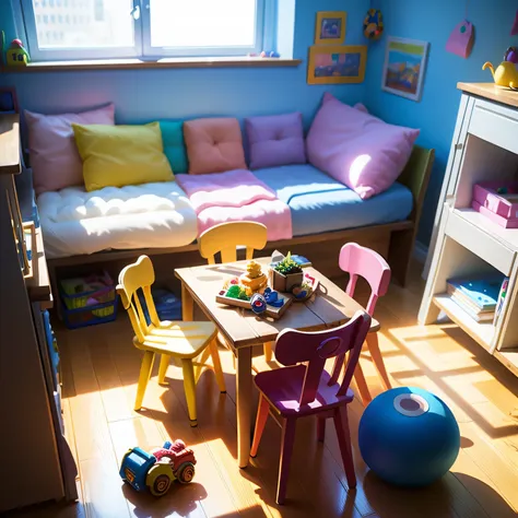 a lively children's room with a puzzle laid out on a table, surrounded by a chaos of toys, the morning light from the window hig...