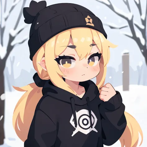  a teenager, with a blonde, pony tail wearing a black beanie, with a bull ring, and eye lashes, wearing a black hootie with white stripes on both sleeves, on a snowy day